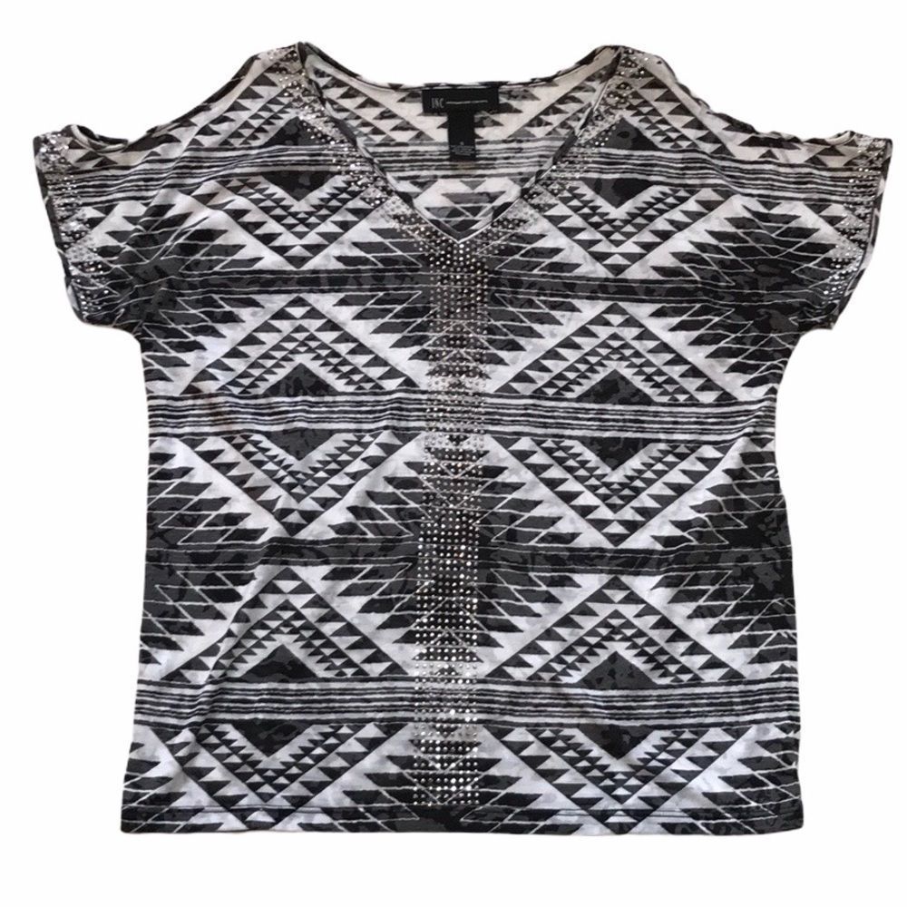 INC Cold Shoulder Aztec Print Rhinestone Tee - Picture 3 of 11